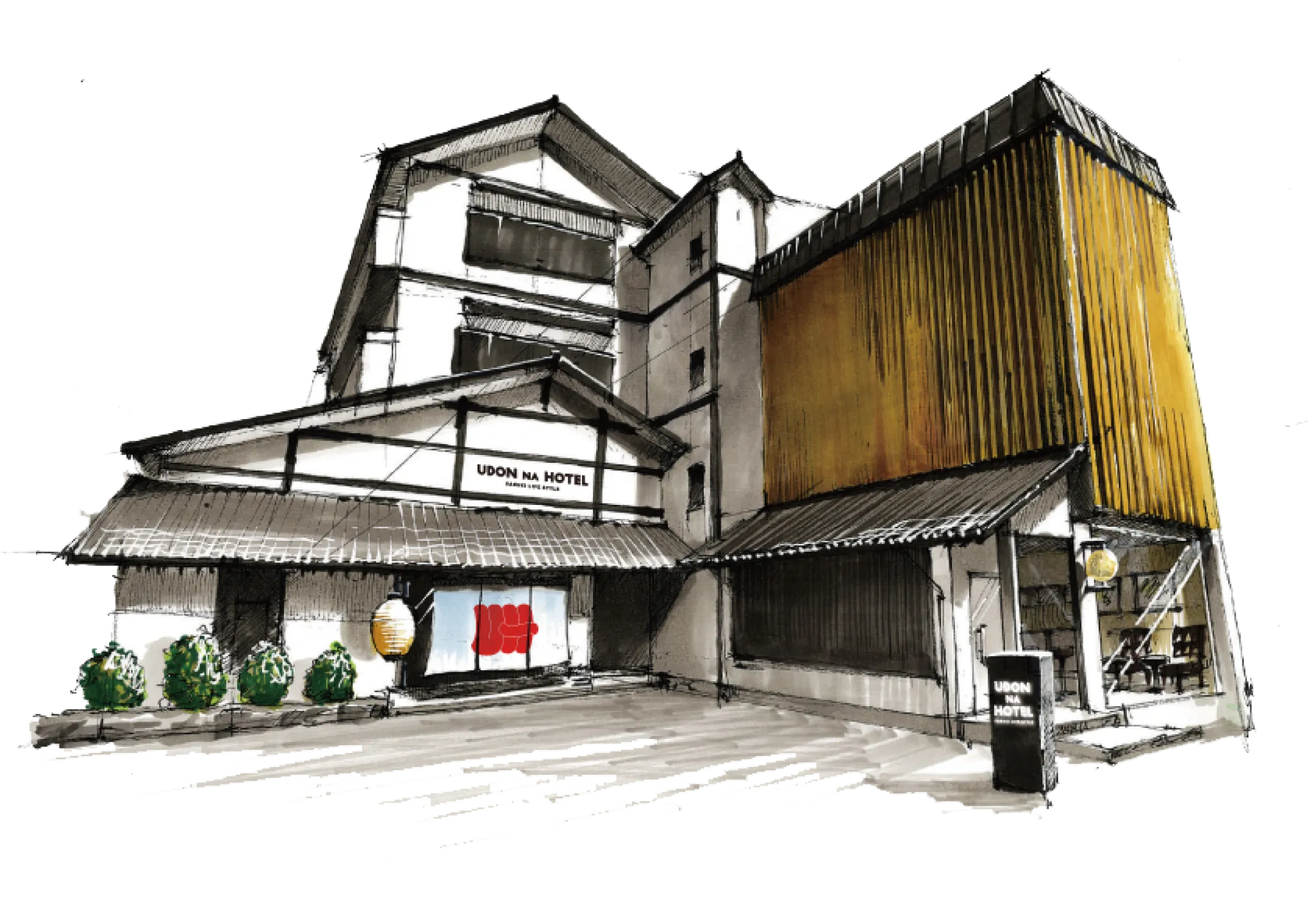 白壁と黒い瓦屋根が特徴的な和風建築のホテルです。建物の右側には、黄金色に輝く木材の壁面が目を引きます。提灯と植栽が並ぶ玄関は、温かく居心地の良い雰囲気を醸し出しています。