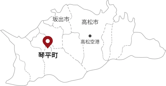 香川県の地図です。琴平町の位置を示しています。周辺には高松市、坂出市、高松空港があります。