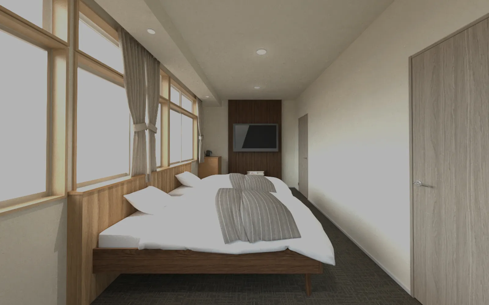 細長い間取りが特徴的な、温かみのあるツインルームです。窓から差し込む光が部屋全体を明るく照らし、開放的な雰囲気を生み出しています。木目調のベッドフレームやヘッドボードが、落ち着いた和の空間を演出しています。